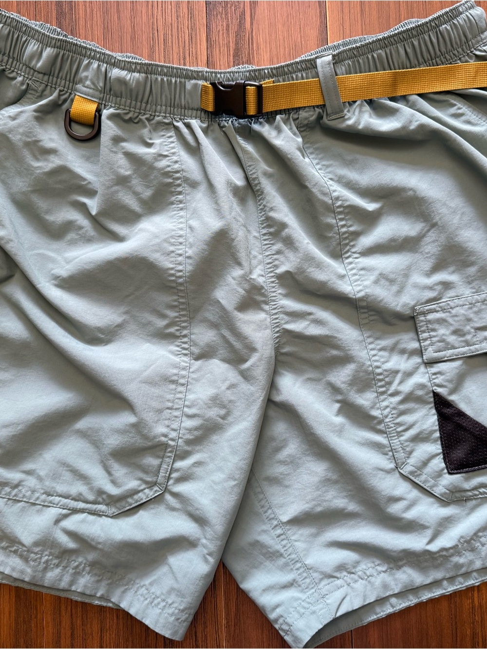 Eddie Bauer Light Green Cargo Shorts with Yellow Webbing Belt